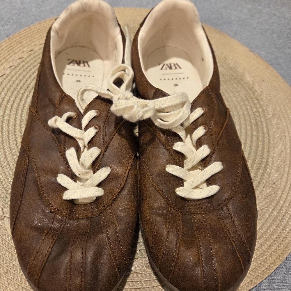Zara Brown Leather Sneakers with Cream Laces